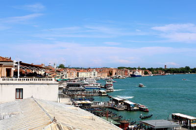 High angle view of buildings by sea against sky