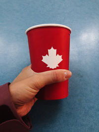 Close-up of hand holding red maple leaf