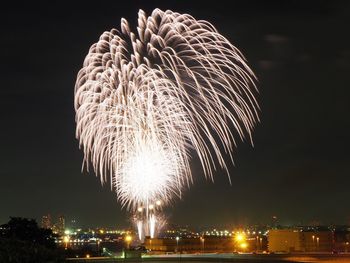 Firework display over city against sky at night