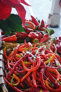 Close-up of red chili peppers for sale in market