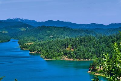 Scenic view of lake against clear blue sky