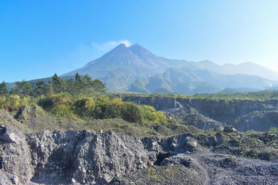 Merapi mountain in the morning with blue sky. merapi mountain from kaliadem, yogyakarta, indonesia