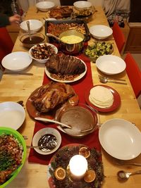 High angle view of food served on table