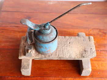 High angle view of old wooden table