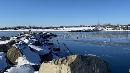 Scenic view of sea against clear sky during winter