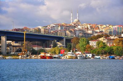 Buildings by river against sky in city