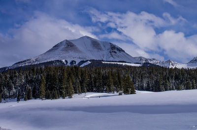 Scenic view of snow covered mountain against sky