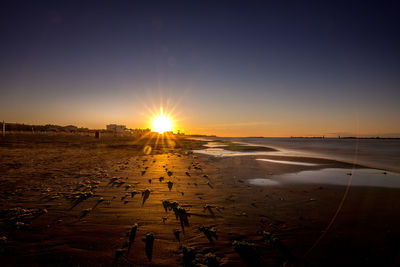 Scenic view of beach against sky during sunset