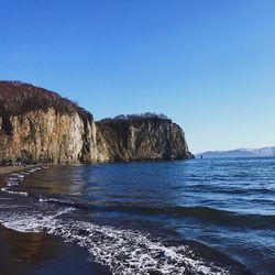 Scenic view of sea against clear blue sky