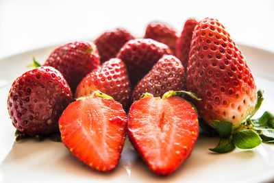 High angle view of strawberries on table