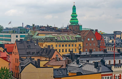 View of buildings in city against cloudy sky