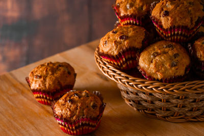 Homemade raisin cupcakes. traditional autumn pastries on a wooden background.