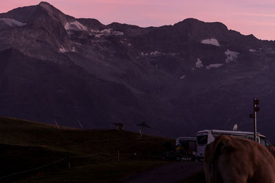 Scenic view of mountains against sky during sunset