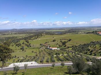 High angle view of field against sky