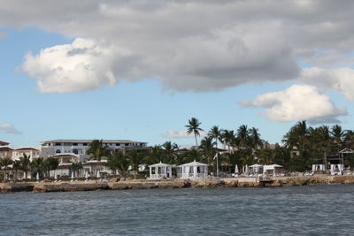 Scenic view of sea and palm trees against sky