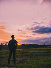 Rear view of man standing on field against sky during sunset