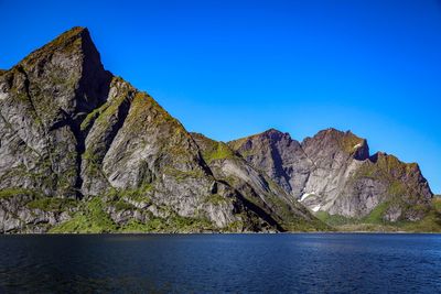 Scenic view of mountains against clear blue sky