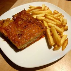 Close-up of sandwich served in plate on table