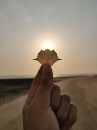 Close-up of hand holding sun shining over sea