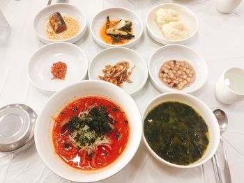 High angle view of meal served on table