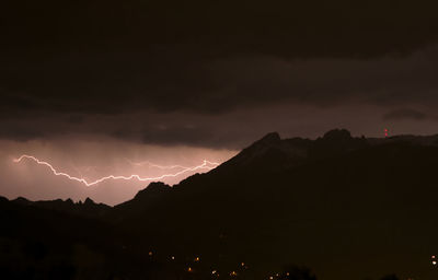 Lightning over silhouette mountains against sky at sunset