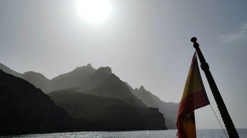 Silhouette mountain by lake against sky