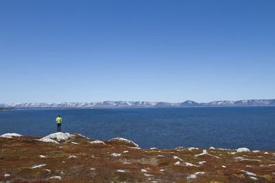 Rear view of woman standing on field by sea against clear sky