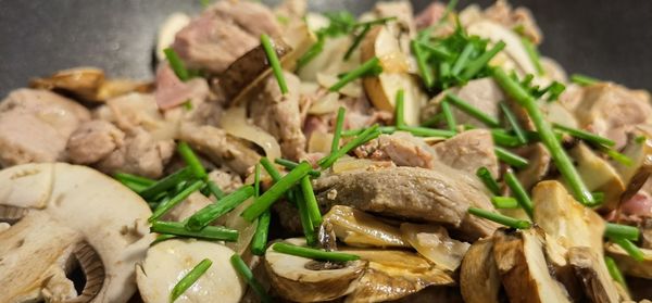 High angle view of mushrooms and noodles