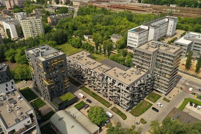 High angle view of buildings in city