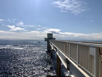 Scenic view of sea by buildings against sky