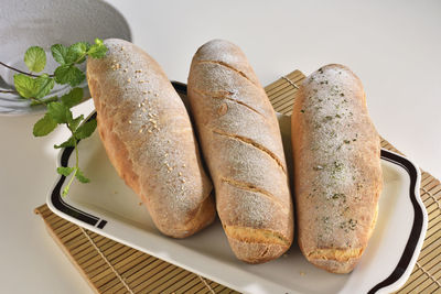 High angle view of bread in plate on table