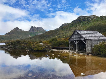 Reflection of mountains in lake against sky