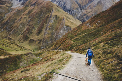 Rear view of woman walking with dog on footpath