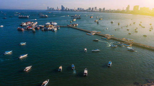 High angle view of boats in sea