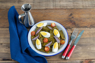 High angle view of breakfast on table