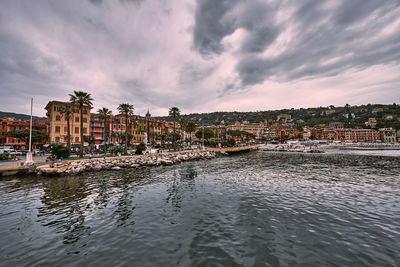 Scenic view of river against cloudy sky