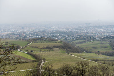 High angle view of field against sky