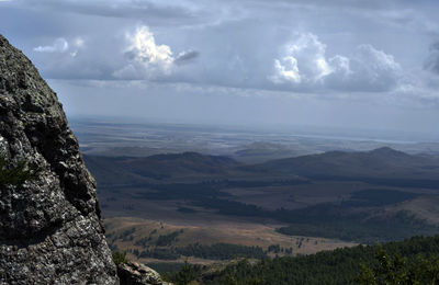 Scenic view of mountains against cloudy sky