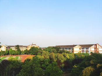 Trees and buildings against blue sky