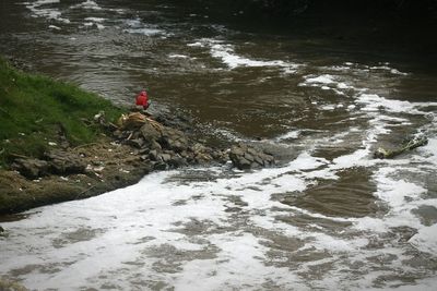 High angle view of man in river