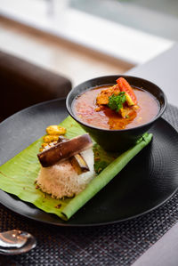 High angle view of food in plate on table