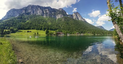 Scenic view of lake and mountains against sky