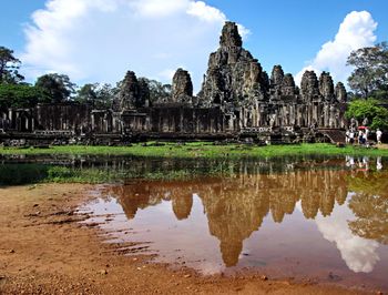 Reflection of temple against sky