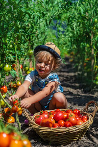 Portrait of boy holding fruits on tree