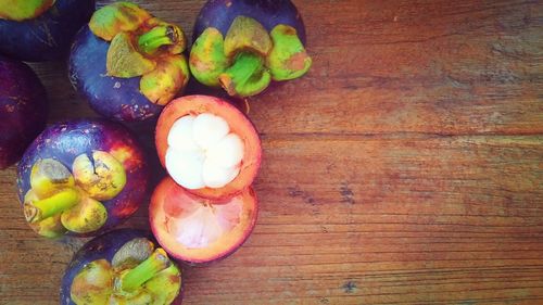 High angle view of chopped fruits on table