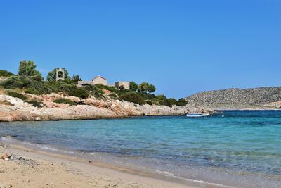 Scenic view of sea against clear blue sky