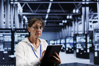 Portrait of young woman using laptop while standing in cafe