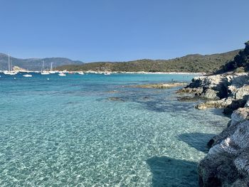 Scenic view of sea against clear blue sky