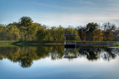 Scenic view of lake by trees against sky