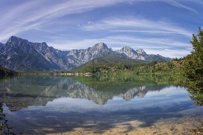 Scenic view of lake and mountains against sky